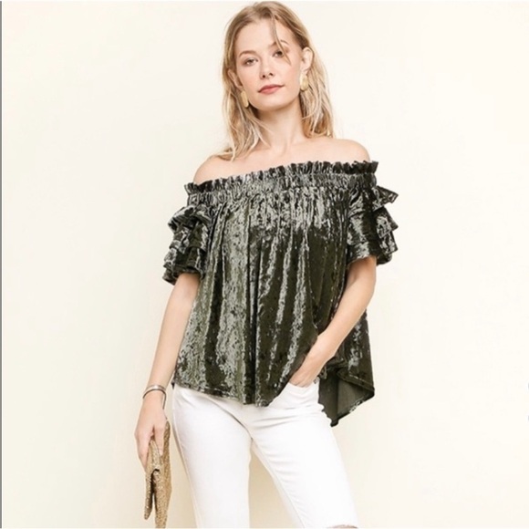 Umgee - Crushed Velvet Emerald Olive Green off‎ the shoulder Top large - Picture 1 of 7
